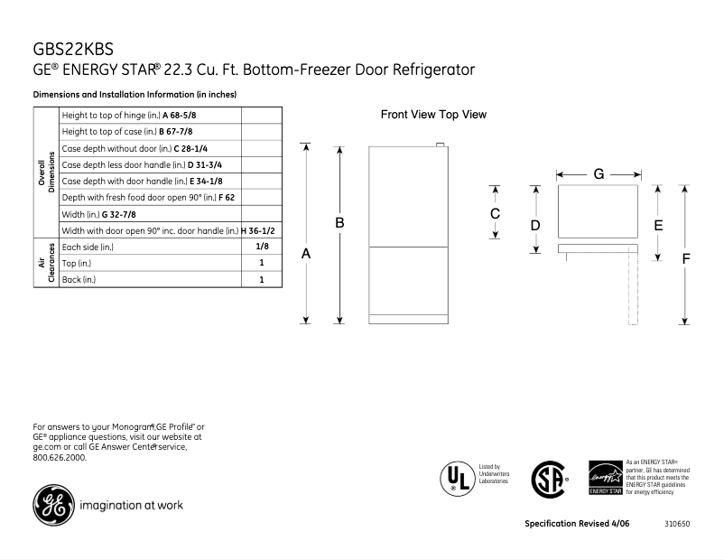 Page 1 of the manual Technical Sheet GE GBS22KBSCC