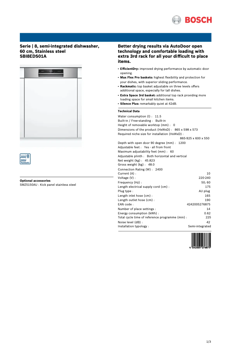 Page 1 de la notice Fiche technique Bosch SBI8EDS01A