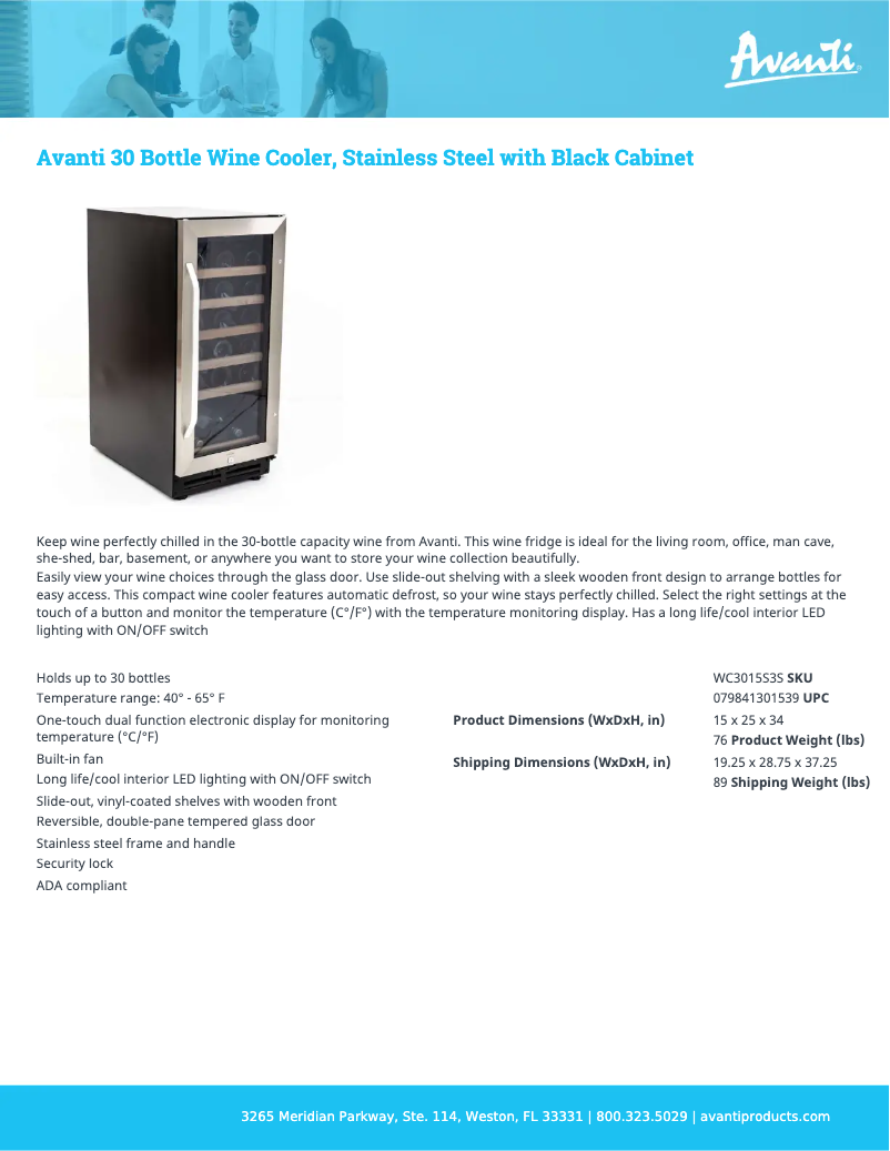 Page 1 de la notice Fiche technique Avanti WC3015S3S