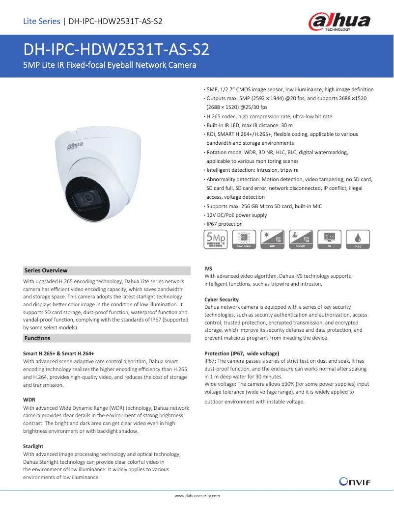Page 1 de la notice Fiche technique Dahua Technology IPC-HDW2531T-AS-S2