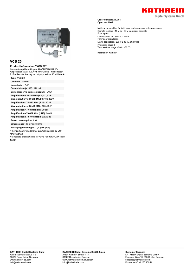 Page 1 de la notice Manuel utilisateur Kathrein VCB 20