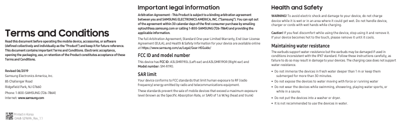 Page 1 de la notice Informations de garantie Samsung Galaxy Buds Pro