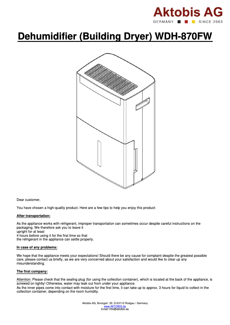 Page 1 de la notice Manuel utilisateur Aktobis WDH-870FW