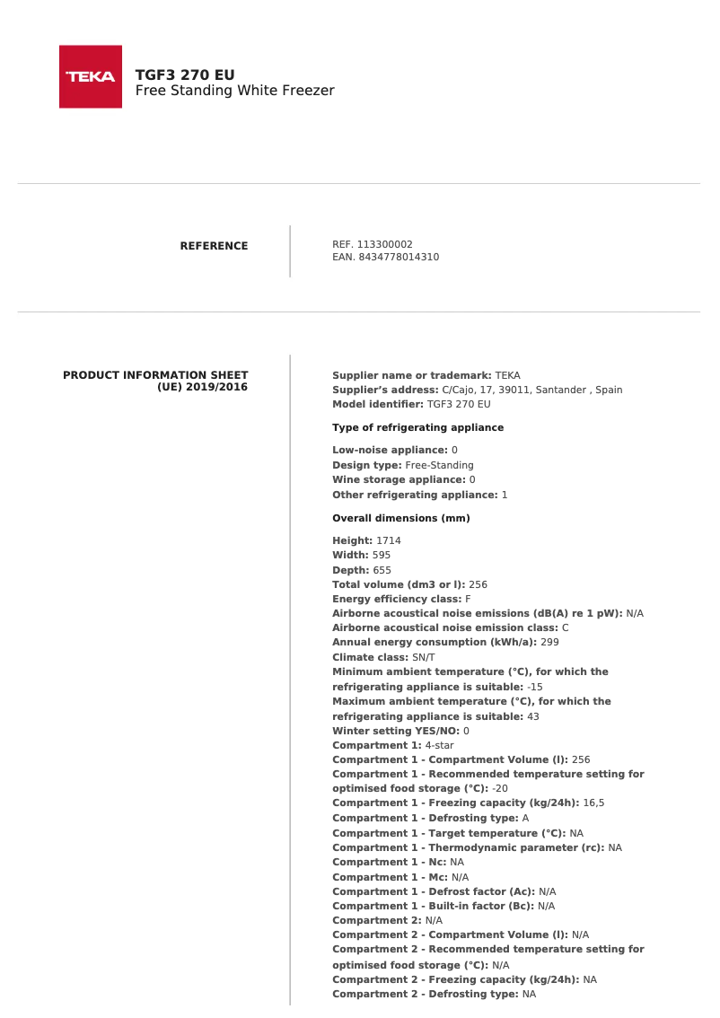 Página 1 del manual Ficha técnica Teka TGF3 270