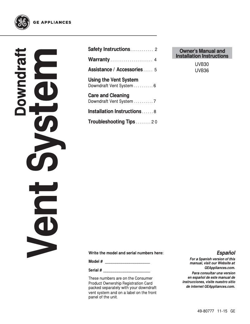 Page 1 de la notice Manuel utilisateur GE UVB36SKSS