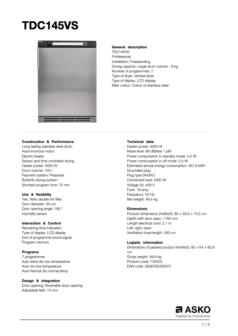Page 1 de la notice Fiche technique Asko TDC145VS