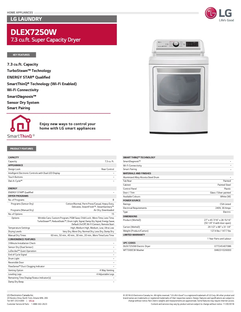 Page 1 de la notice Fiche technique LG DLEX7250W