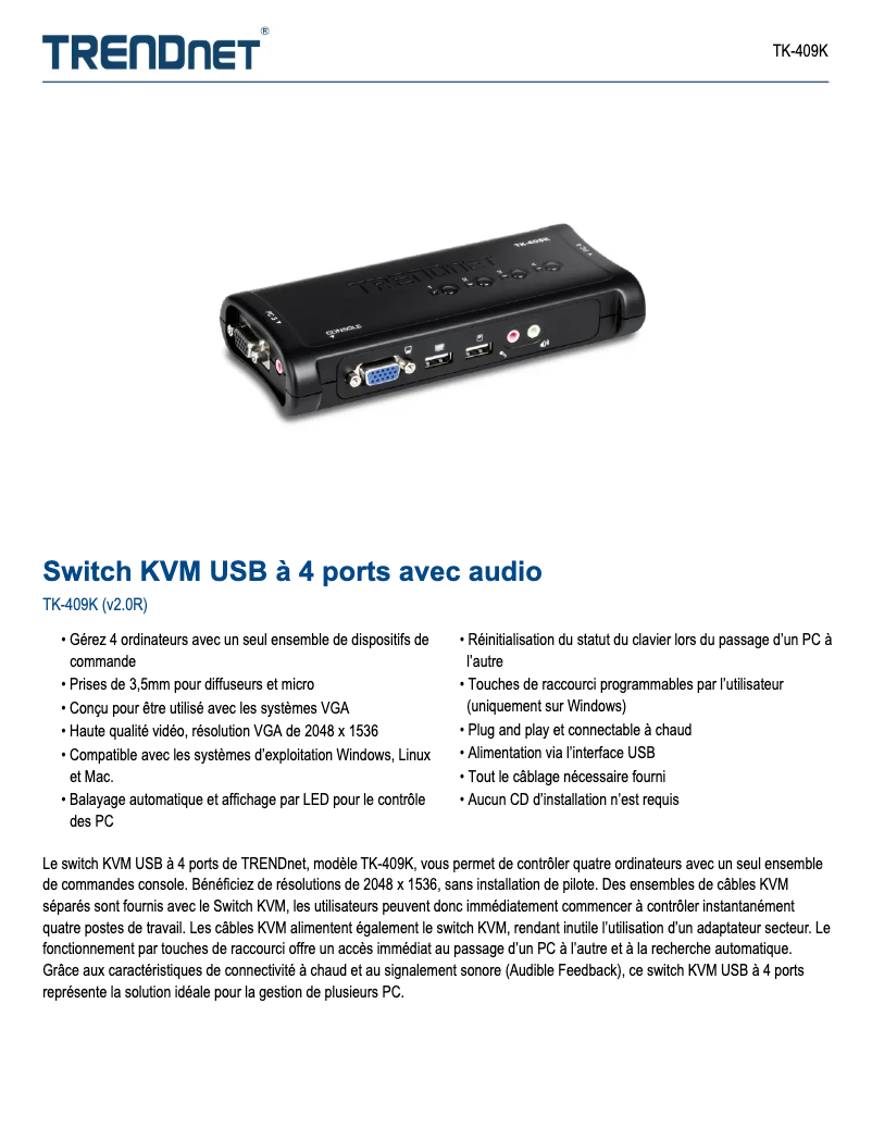 Page 1 de la notice Fiche technique TRENDnet TK-409K