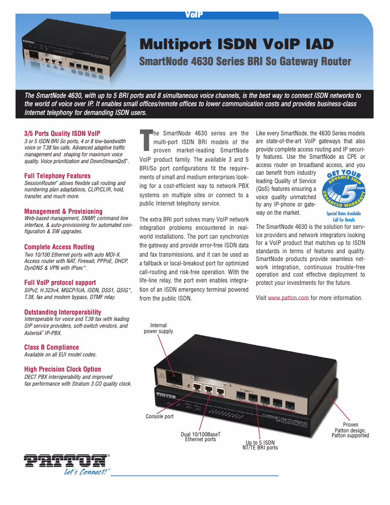 Page 1 de la notice Fiche technique Patton SmartNode 4634
