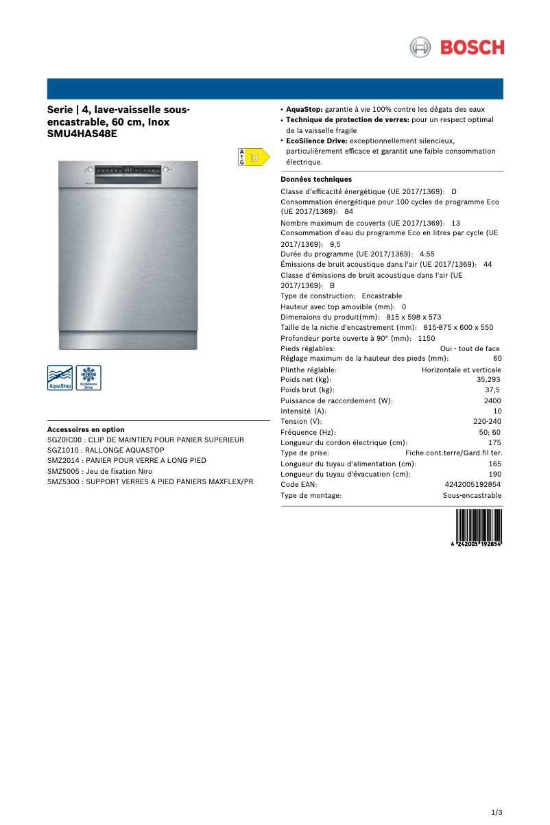 Page 1 de la notice Manuel utilisateur Bosch SMU4HA48E