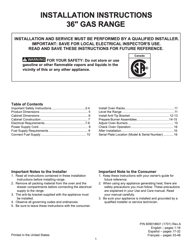 Page 1 de la notice Guide d'installation Frigidaire FGGF3685TS