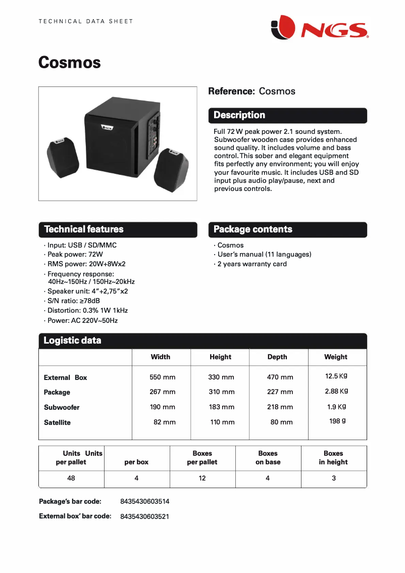 Page 1 de la notice Fiche technique NGS Cosmos