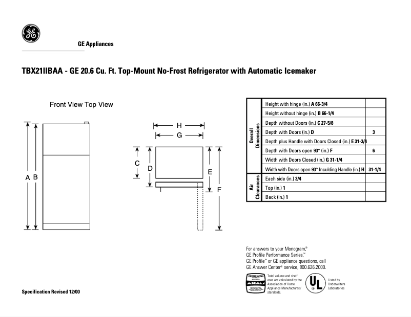 Page n°1 - Fiche technique GE TBX21IIBAA