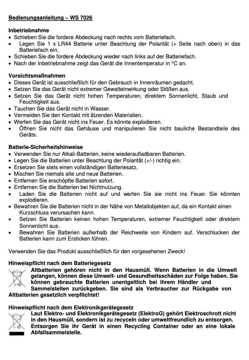 Page 1 de la notice Manuel utilisateur Techno Line WS 7026