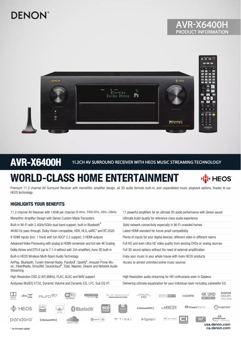 Page 1 de la notice Fiche technique Denon AVR-X6400H