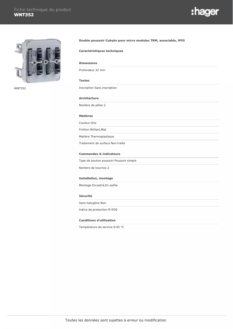 Page 1 de la notice Fiche technique Hager WNT352