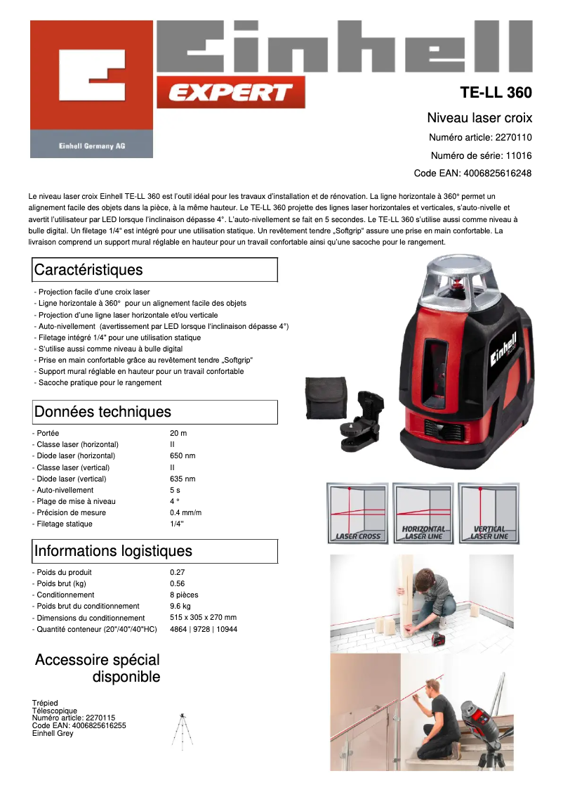 Page 1 de la notice Fiche technique Einhell TE-LL 360