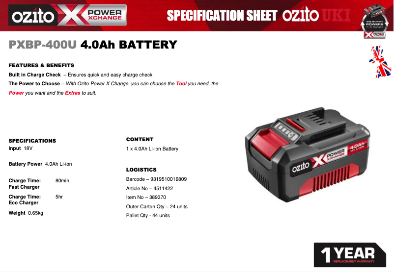 Page 1 de la notice Fiche technique Ozito PXBP-400U