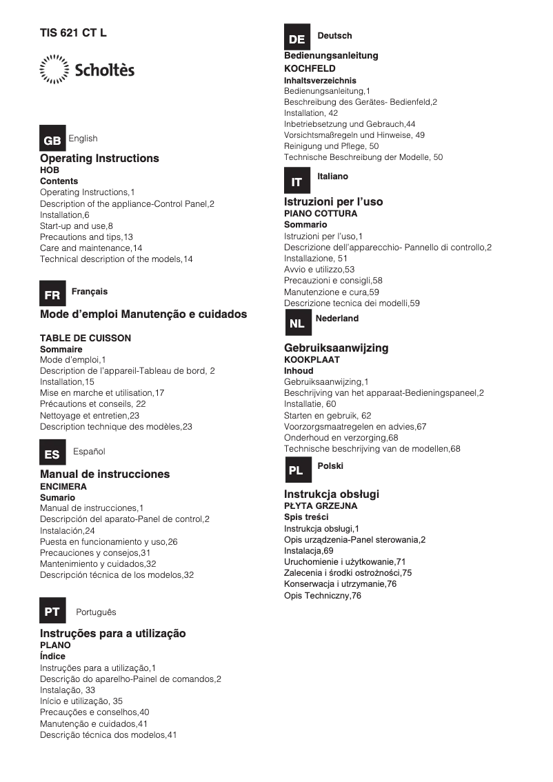 Page 1 de la notice Manuel utilisateur Scholtès TIS 621 CT L