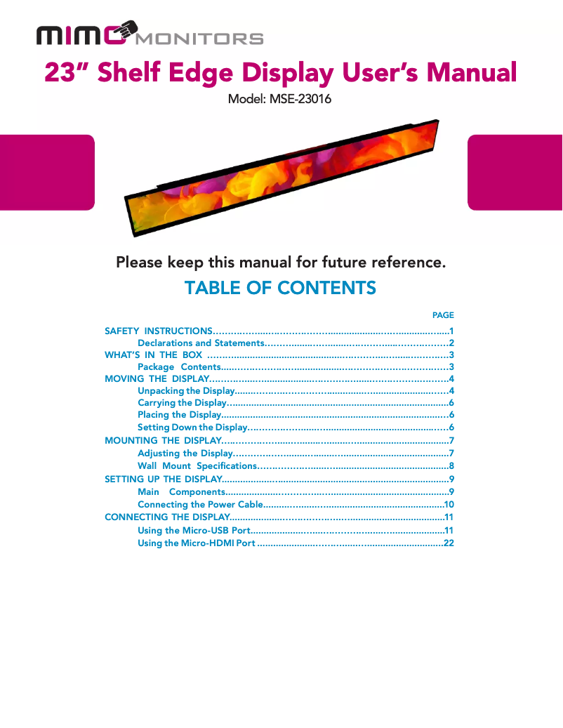 Page 1 de la notice Manuel utilisateur Mimo Monitors MSE-23016
