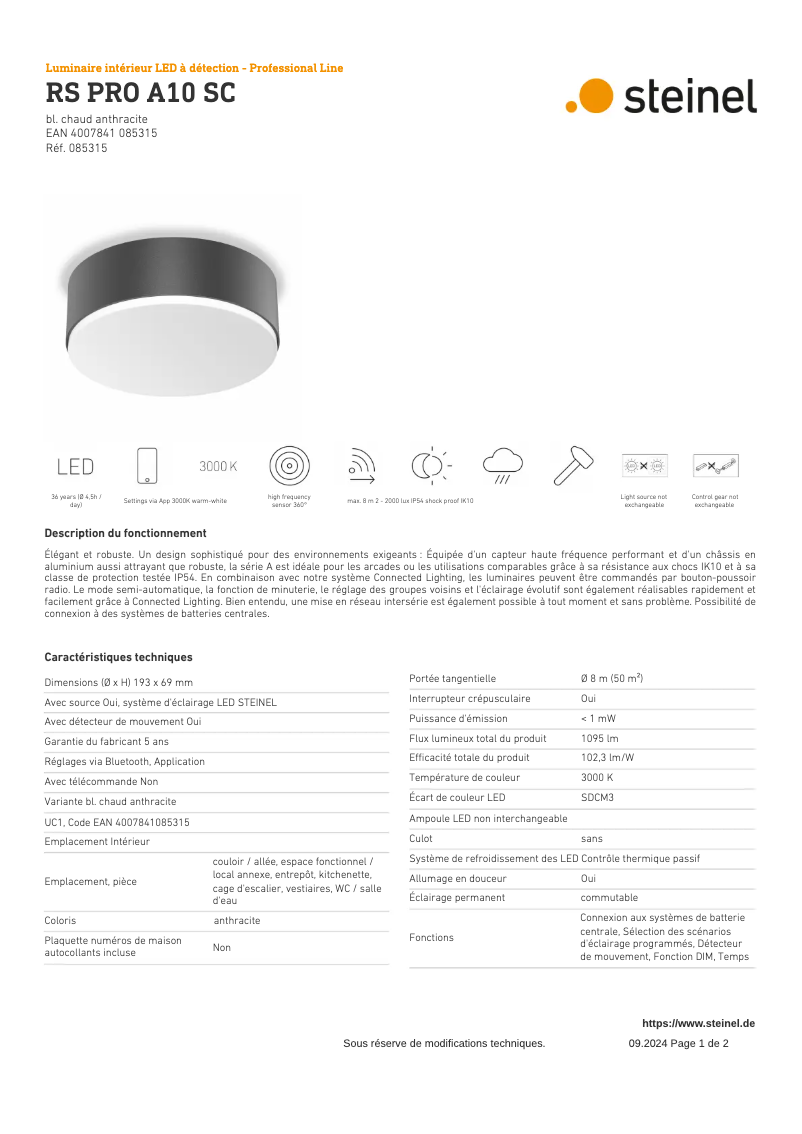 Page 1 de la notice Fiche technique Steinel RS PRO A10 SC