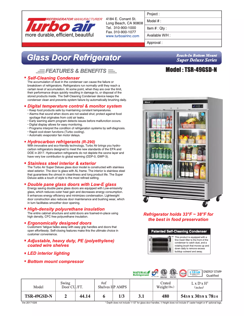 Página 1 del manual Ficha técnica Turbo air MSR-49G-2