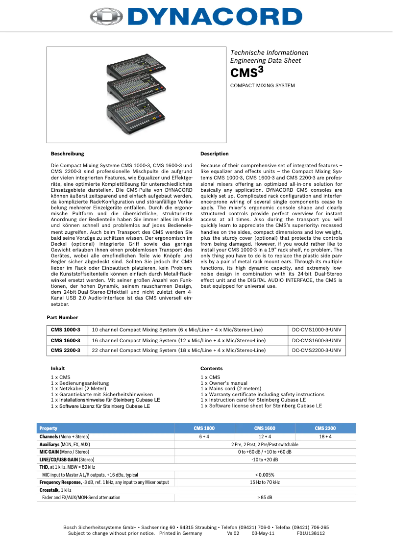 Page 1 of the manual Technical Sheet Dynacord CMS 1000-3