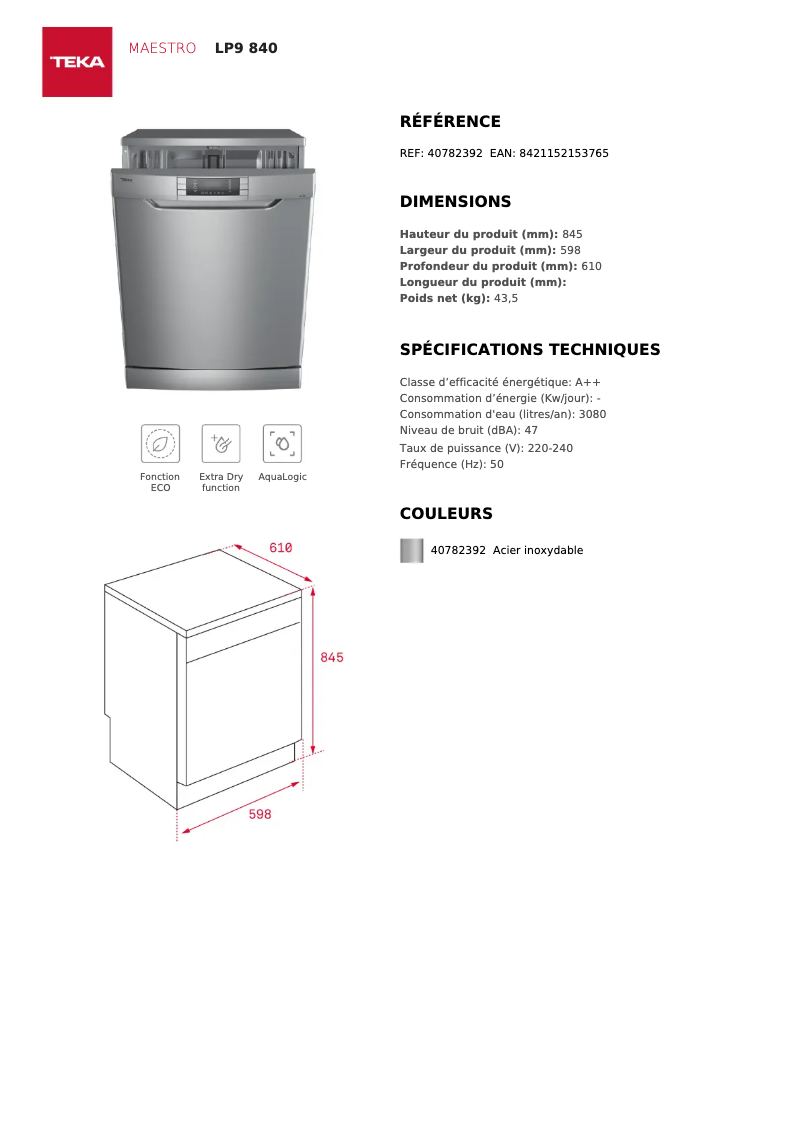 Page 1 de la notice Fiche technique Teka LP9 440