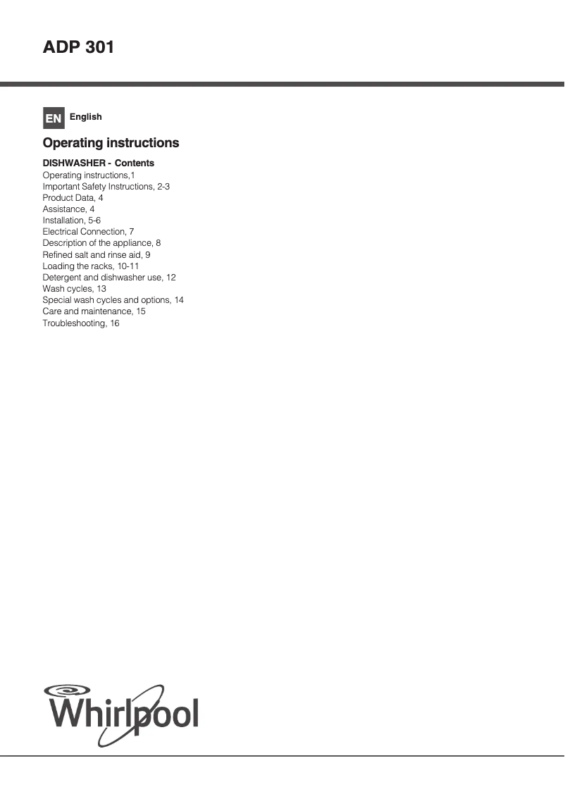 Page 1 de la notice Manuel utilisateur Whirlpool ADP 301 WH UK