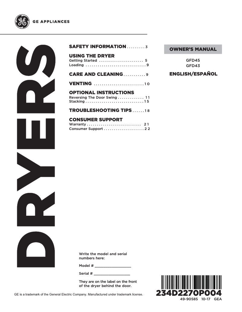 Image de la première page du manuel de l'appareil GFD45GSSMWW