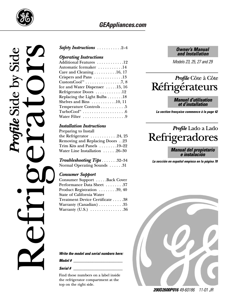 Page n°1 - Manuel d'utilisation et d'entretien GE PSS27NHNCC