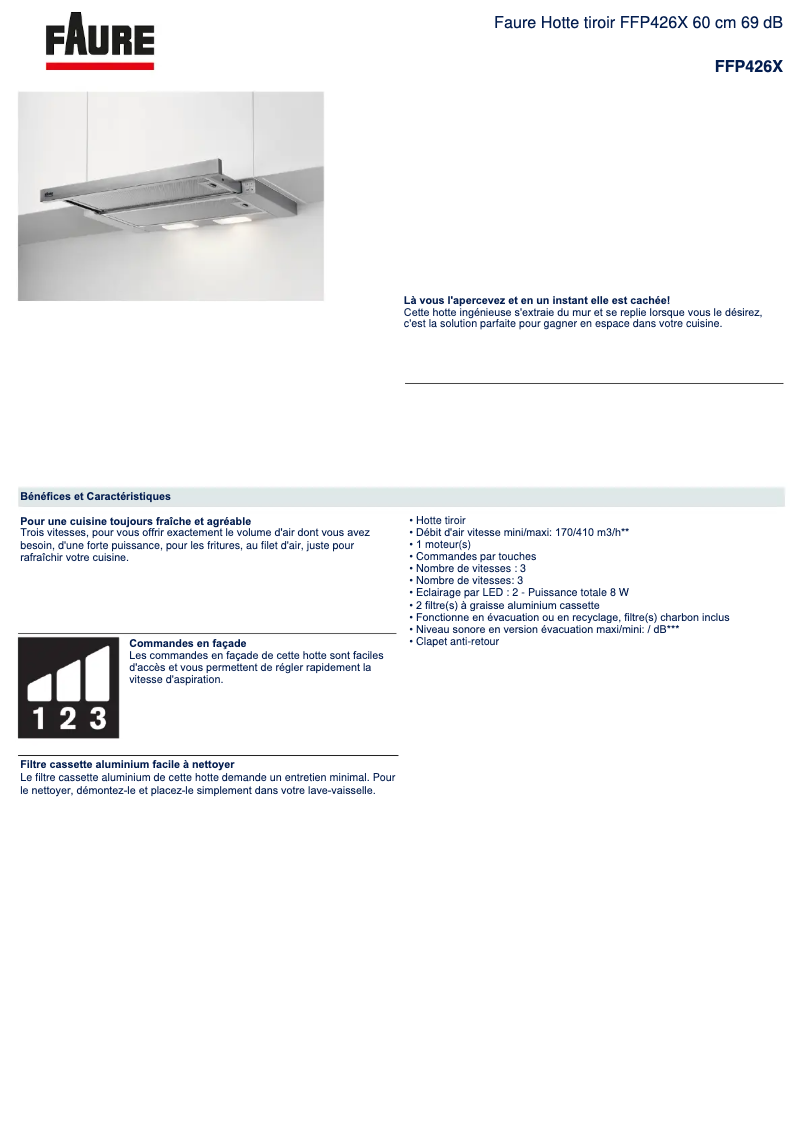 Page 1 of the manual Technical Sheet Faure FFP426X