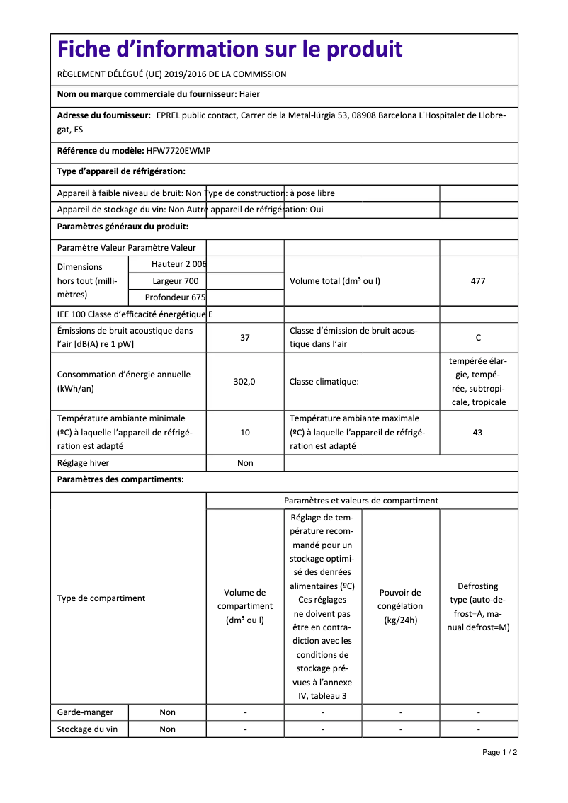 Page 1 de la notice Fiche technique Haier HFW7720EWMP