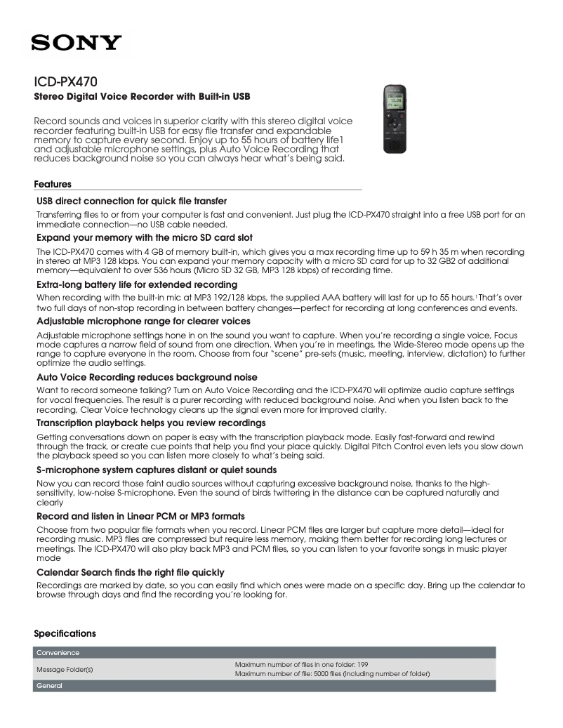 Page 1 de la notice Fiche technique Sony ICD-PX470