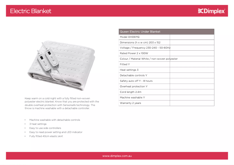Page 1 of the manual Technical Sheet Dimplex DHDEPQ