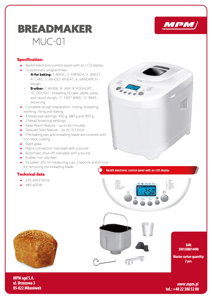 Page 1 de la notice Fiche technique MPM MUC-01