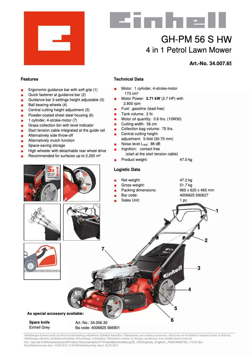 Page 1 de la notice Fiche technique Einhell GH-PM 56 S HW
