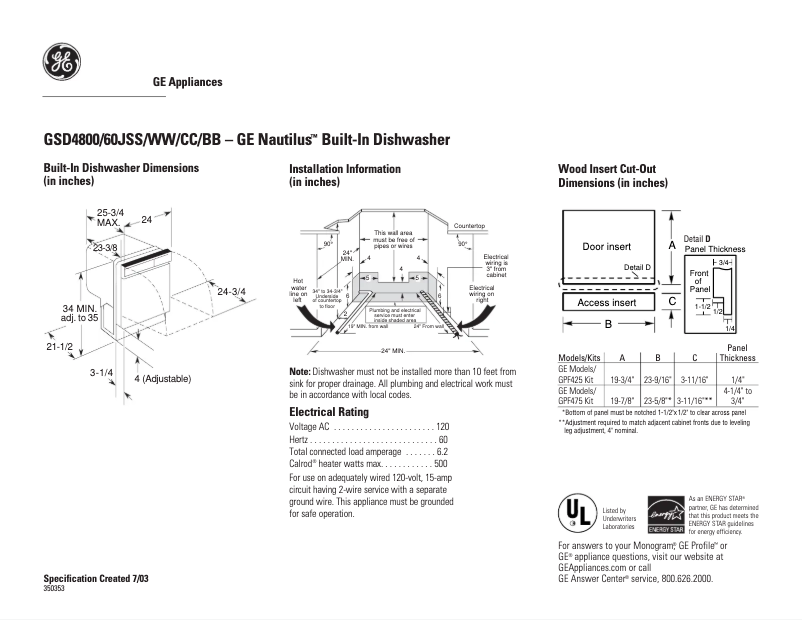Page 1 of the manual Technical Sheet GE GSD4800JBB