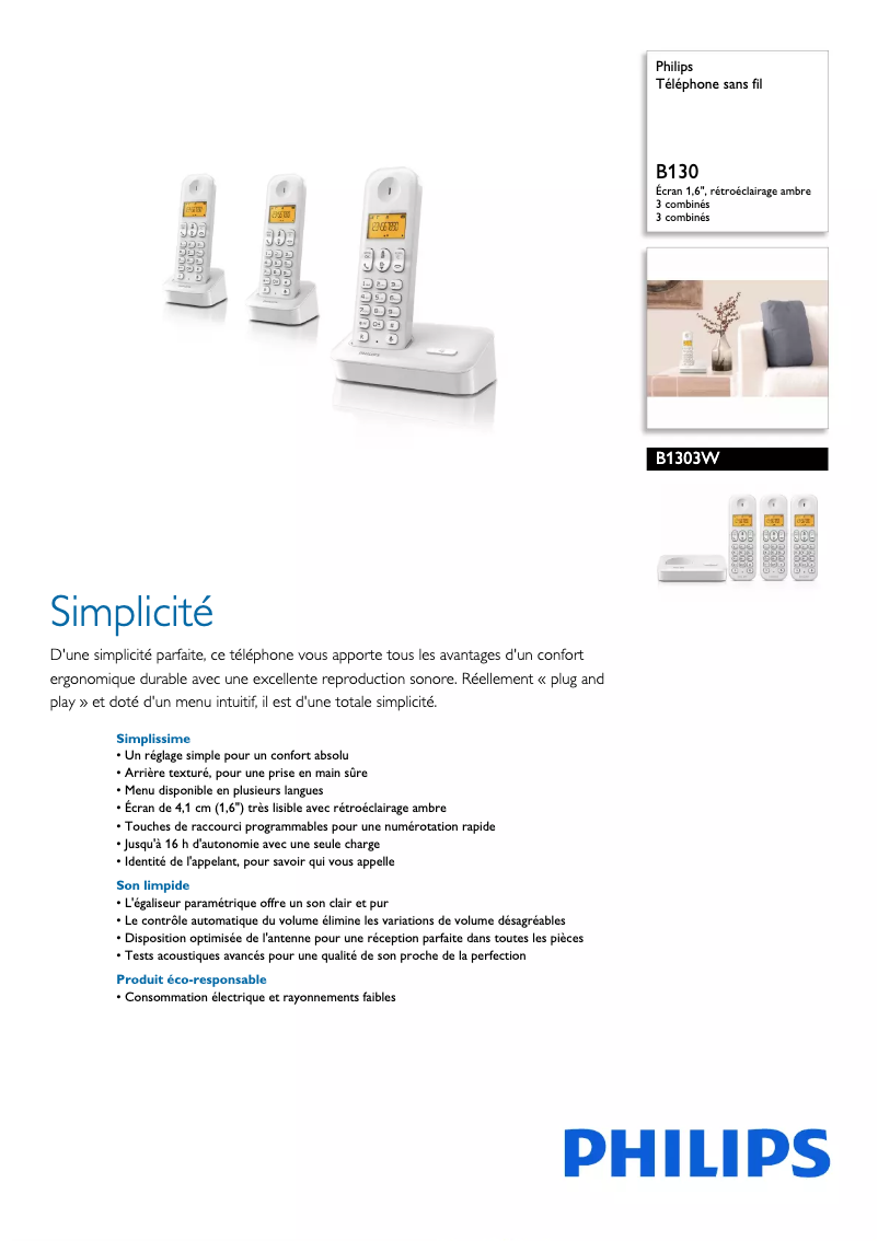 Página 1 del manual Ficha técnica Philips B1303W