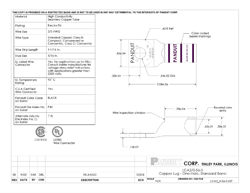 Page 1 de la notice Dessin technique Panduit LCA2/0-56-X