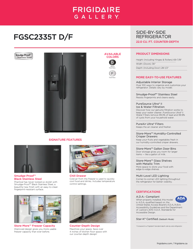 Page 1 de la notice Fiche technique Frigidaire FGSC2335TD