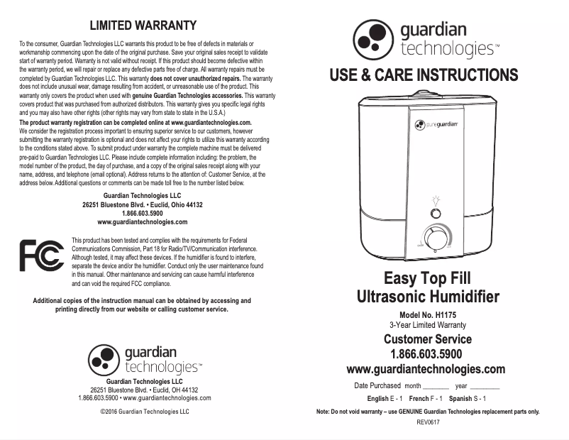 Page 1 de la notice Manuel utilisateur PureGuardian H1175WCA