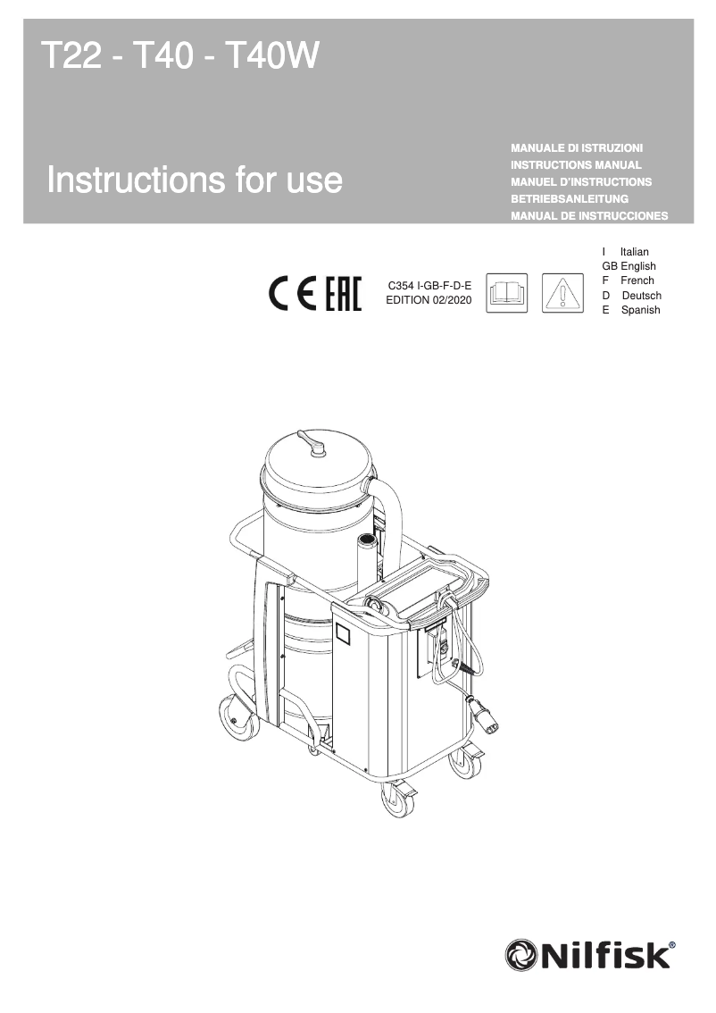Page 1 de la notice Manuel utilisateur Nilfisk T40