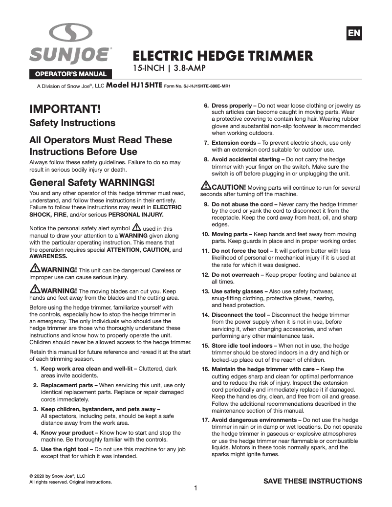 Página 1 del manual Manual de usuario Sun Joe HJ15HTE