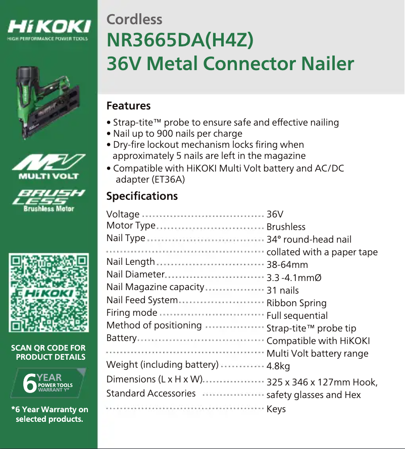 Page 1 de la notice Fiche technique HiKOKI NR3665DA