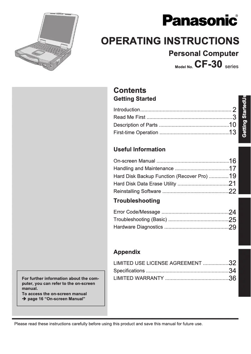 Page 1 de la notice Manuel utilisateur Panasonic Toughbook CF-30F
