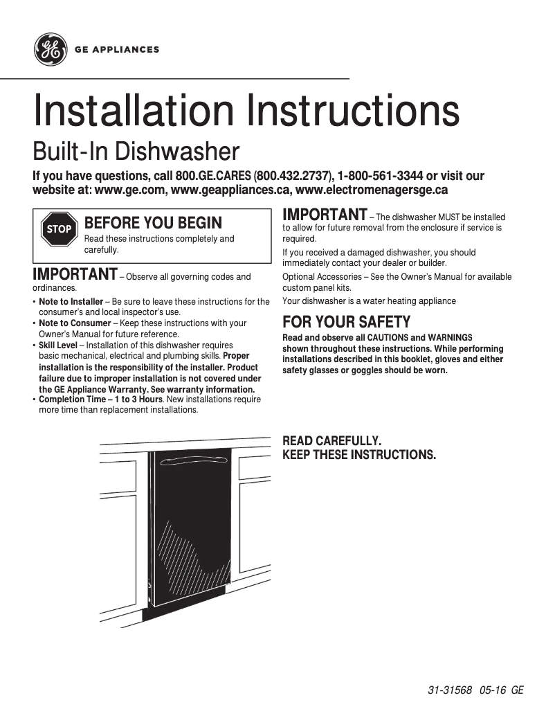 Page n°1 - Guide d'installation GE Profile PDW1800NII