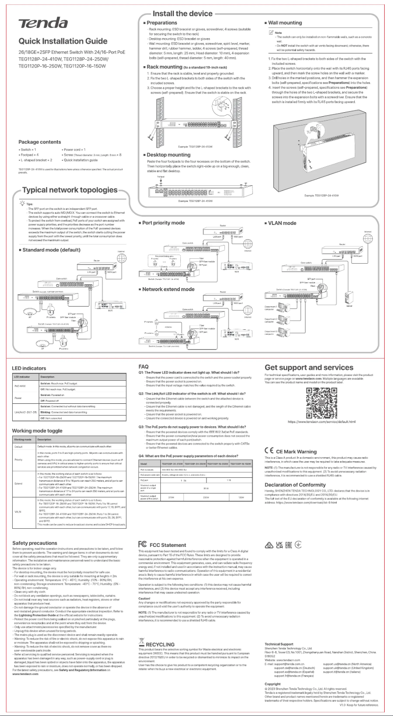 Page 1 de la notice Guide d'installation Tenda TEG1120P-16-250W