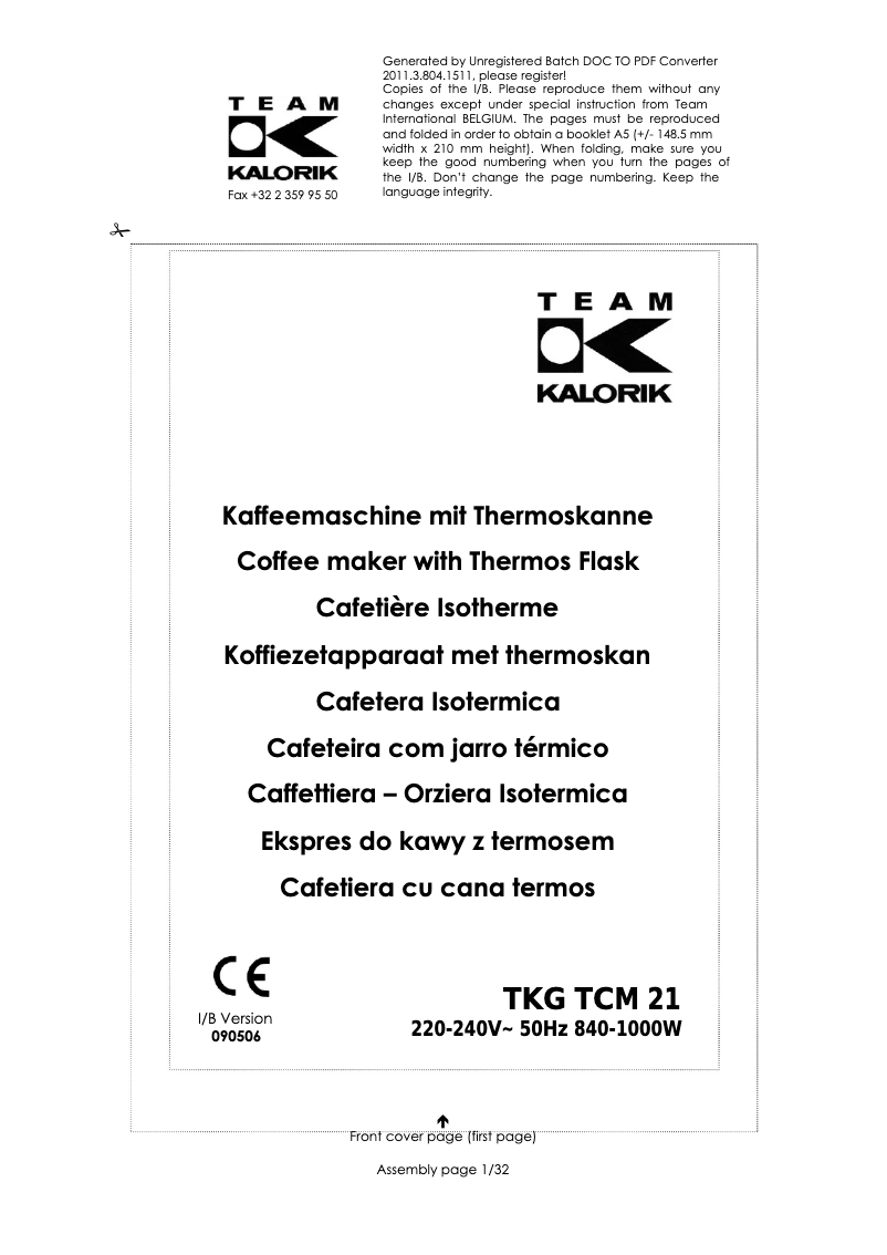 Page 1 de la notice Manuel utilisateur Kalorik TKG TCM 21
