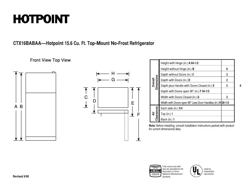 Página 1 del manual Ficha técnica Hotpoint CTX16BABAA
